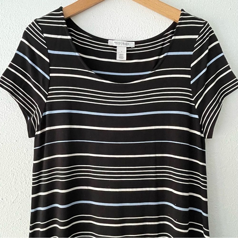 WHBM Navy Blue, white, light blue short Sleeve striped shimmery Maxy Dress Sz: S - Picture 10 of 10